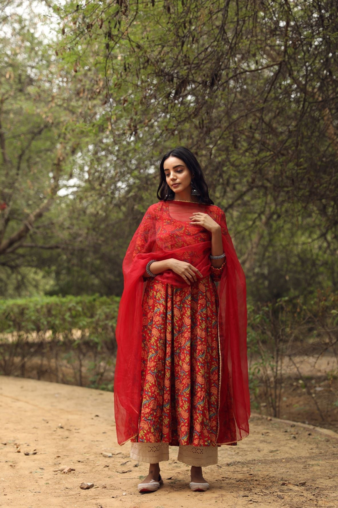 Sufi Red Cotton Anarkali Set with Organza Dupatta
