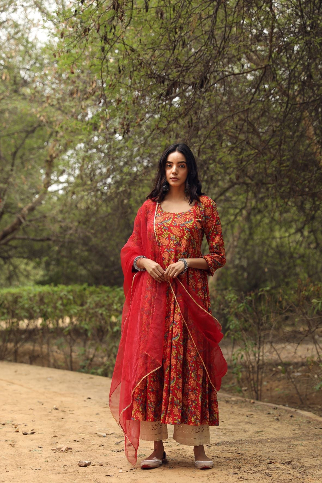 Sufi Red Cotton Anarkali Set with Organza Dupatta