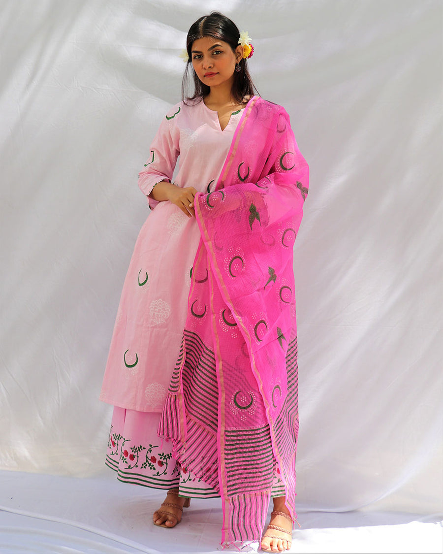 BLOOM PINK CHAND BLOCK PRINTED COTTON KURTA SET - FOS