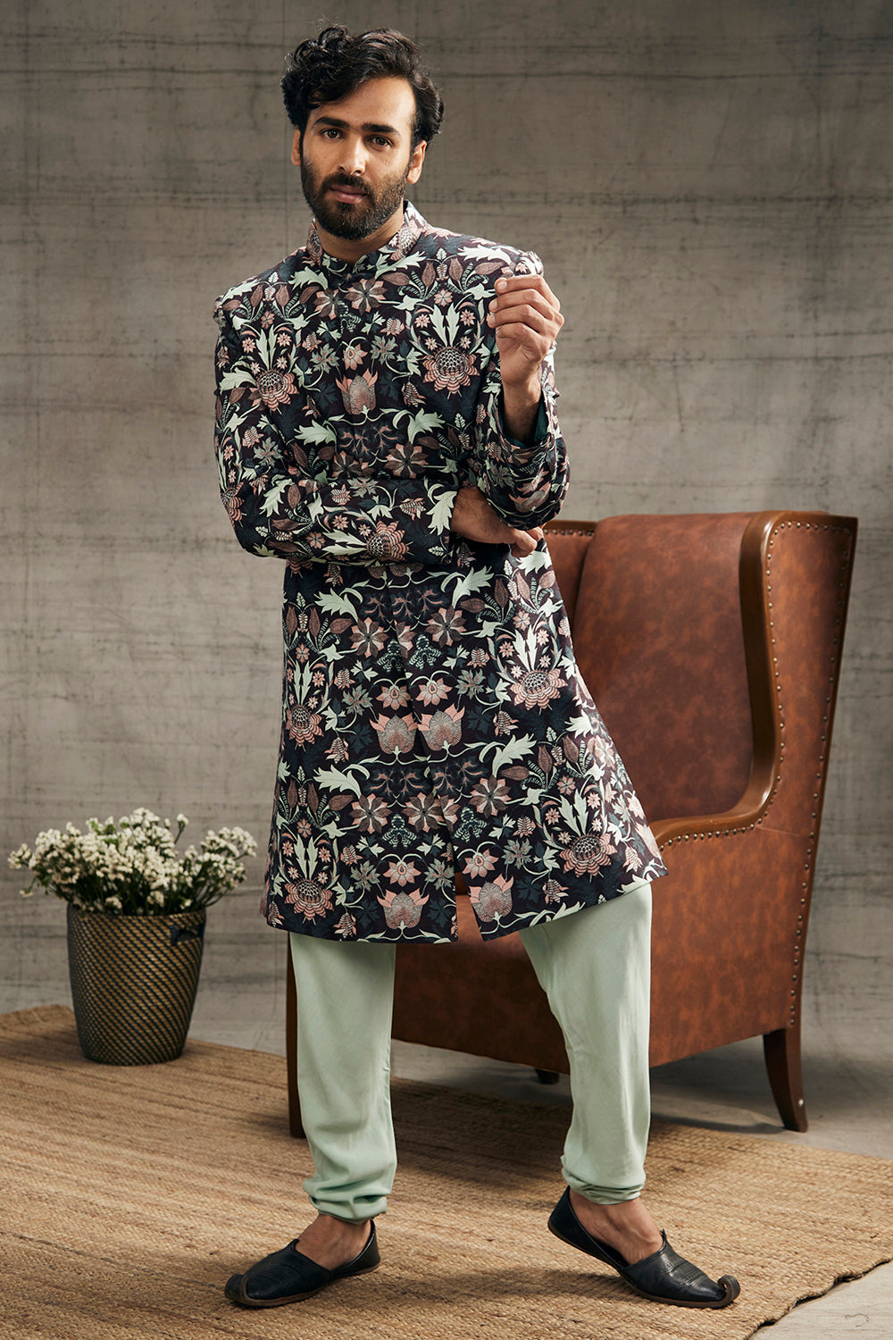 PASTEL FLORAL PRINTED SHERWANI SET