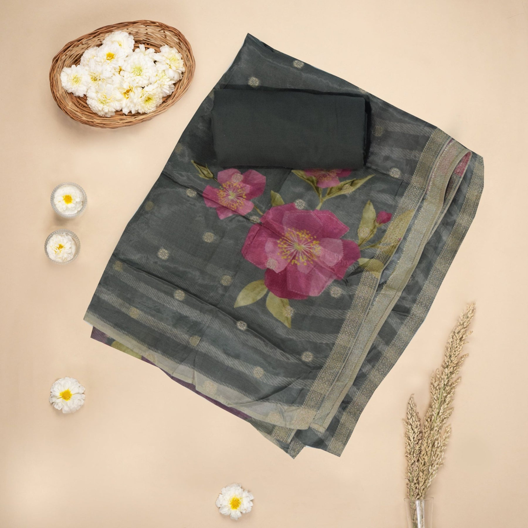 Grey Bemberg Silk Embroidered Top With Viscose Silk Jacquard Dupatta