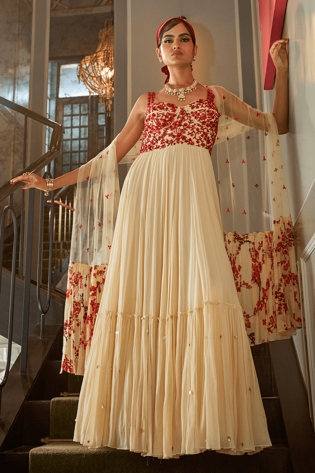 IVORY AND RED CHERRY BLOSSOM PRINTED BUSTIER YOKE GOWN