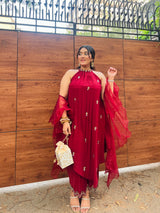 Husna Maroon Halter Neck Co-ord Set