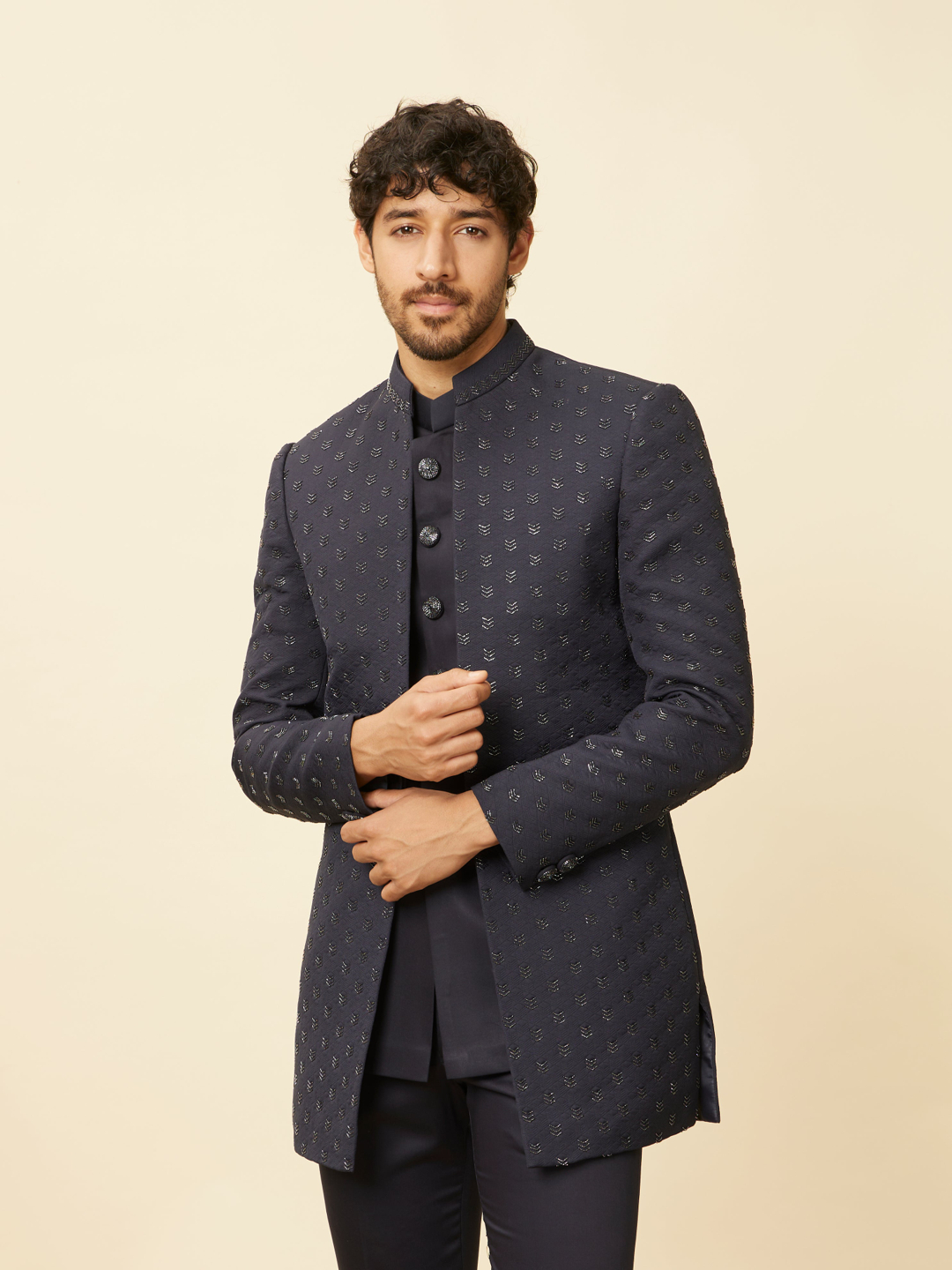 Dazzling Dark Blue Indo-Western Jacket Set