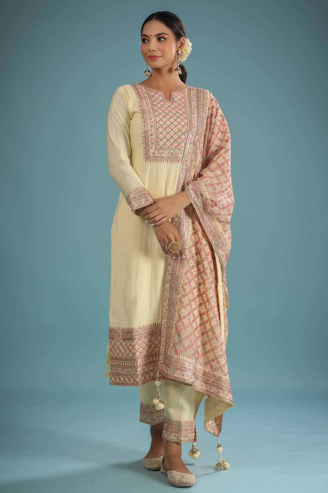 YELLOW CHANDERI RESHAM ZARI EMBROIDERED SUIT SET