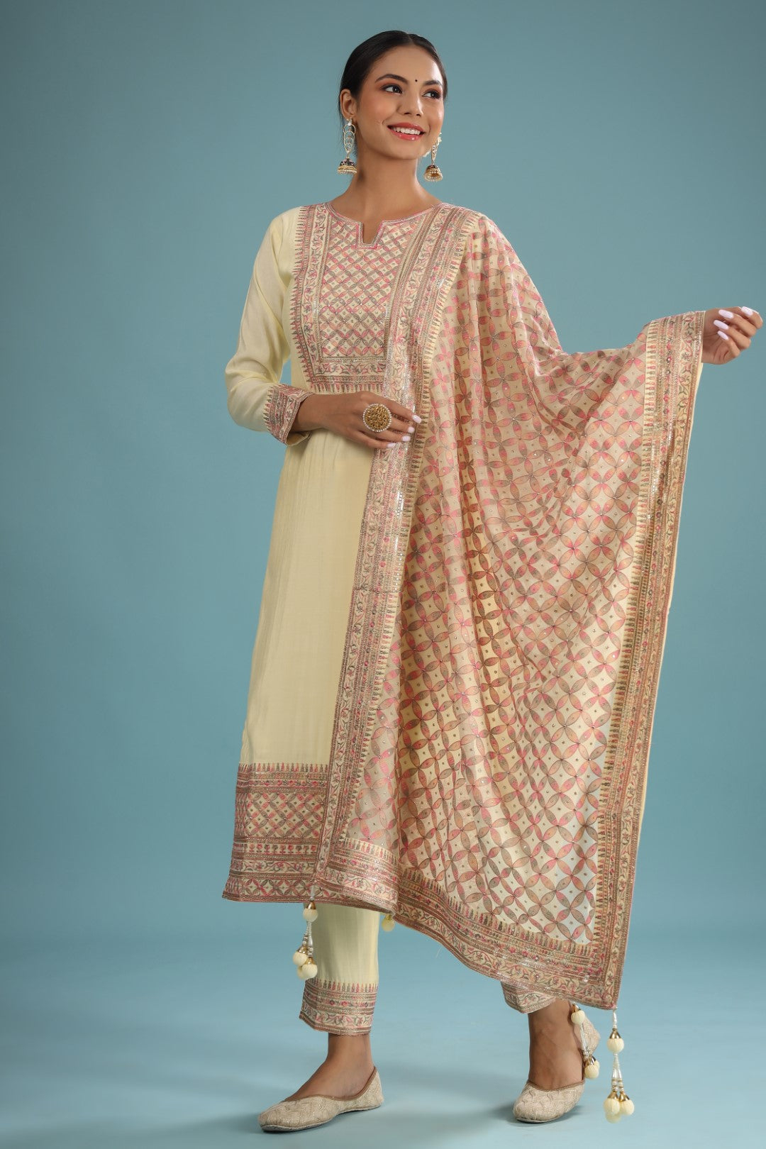 YELLOW CHANDERI RESHAM ZARI EMBROIDERED SUIT SET