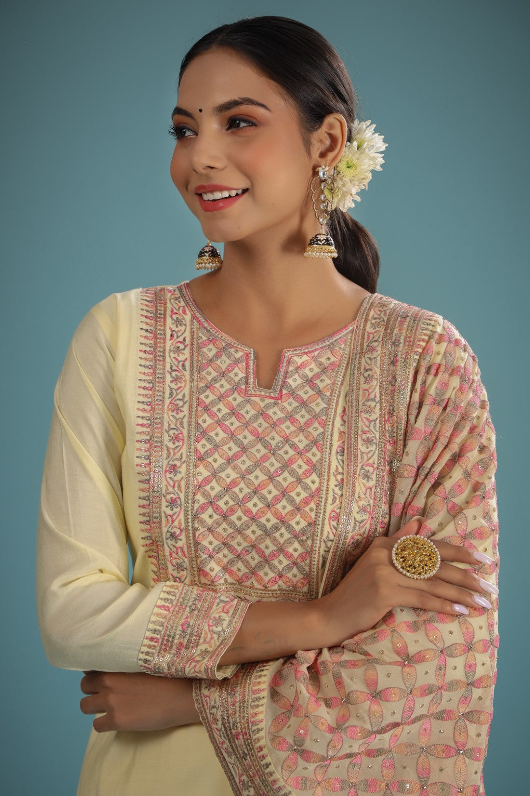 YELLOW CHANDERI RESHAM ZARI EMBROIDERED SUIT SET