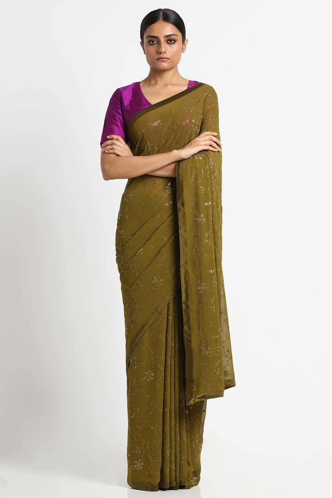 Olive Green Georgette Sequins Saree