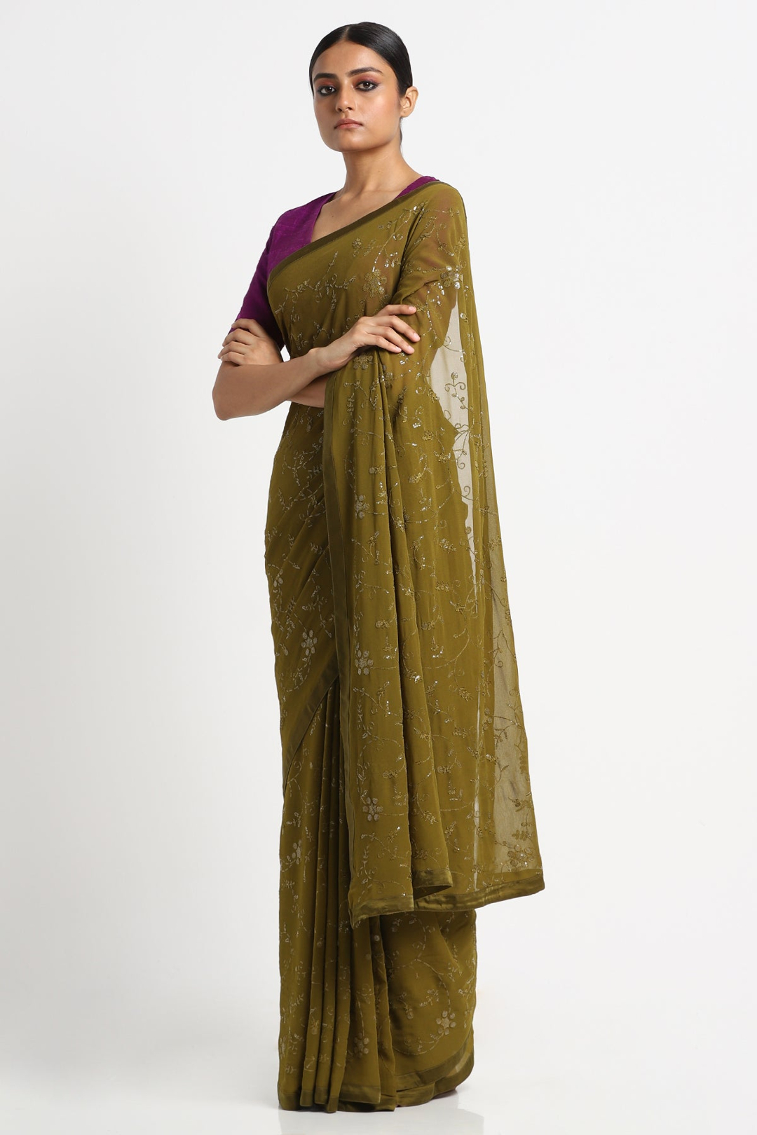 Olive Green Georgette Sequins Saree