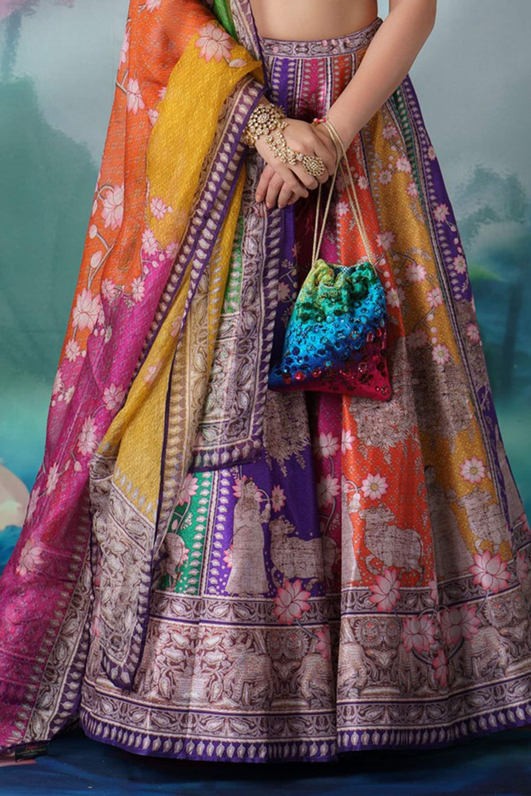 Color Blouse Lycra Printed Motifs V Leela Lehenga Set