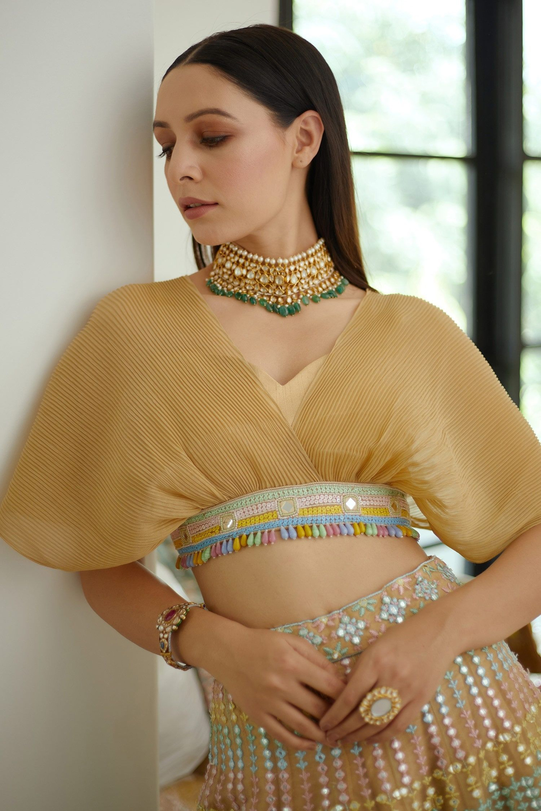 Multi Color Organza Embroidered Mirror Work Meher Choli And Lehenga Set