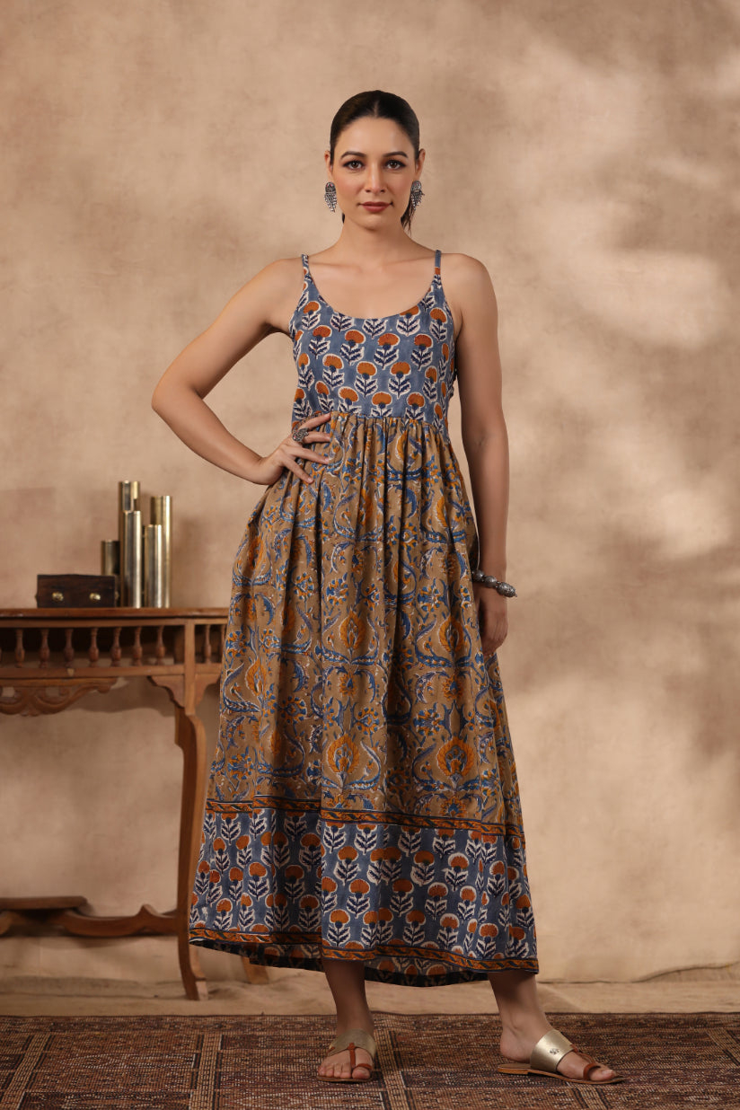Shuddhi BlUE and Brown Spaghetti Dress