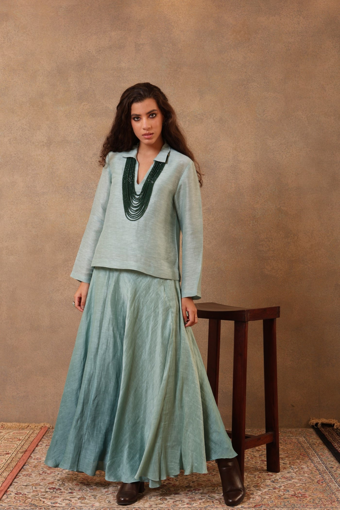 Aqua-Sea Blue Pure Linen-Silk Flared Skirt with collared top