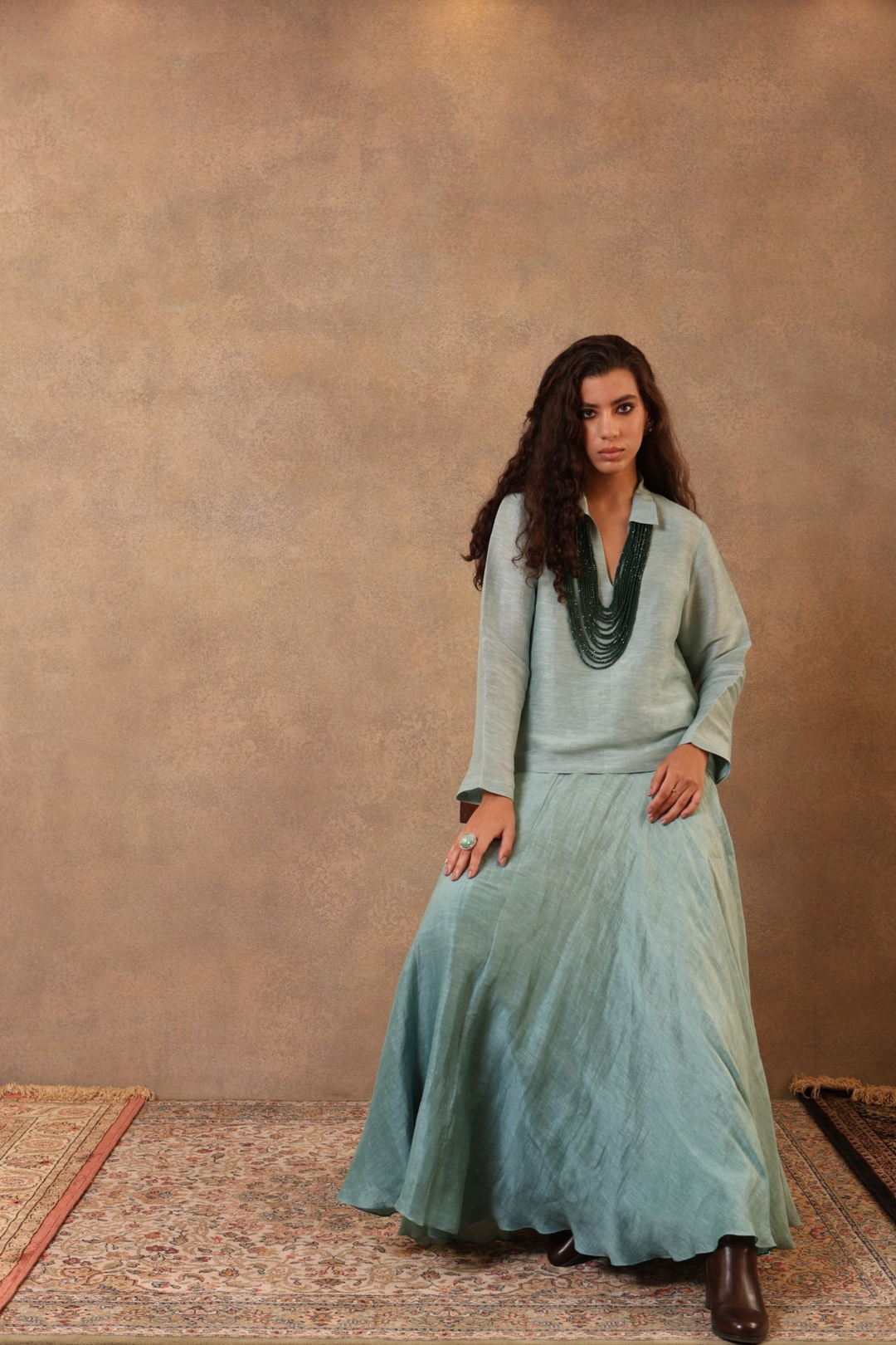 Aqua-Sea Blue Pure Linen-Silk Flared Skirt with collared top